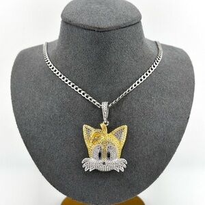 925 Solid Sterling Silver 3D round Cut Sonic Tails Necklace